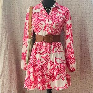 SHEIN Pink and White Trapeze Tiered Shirt Dress